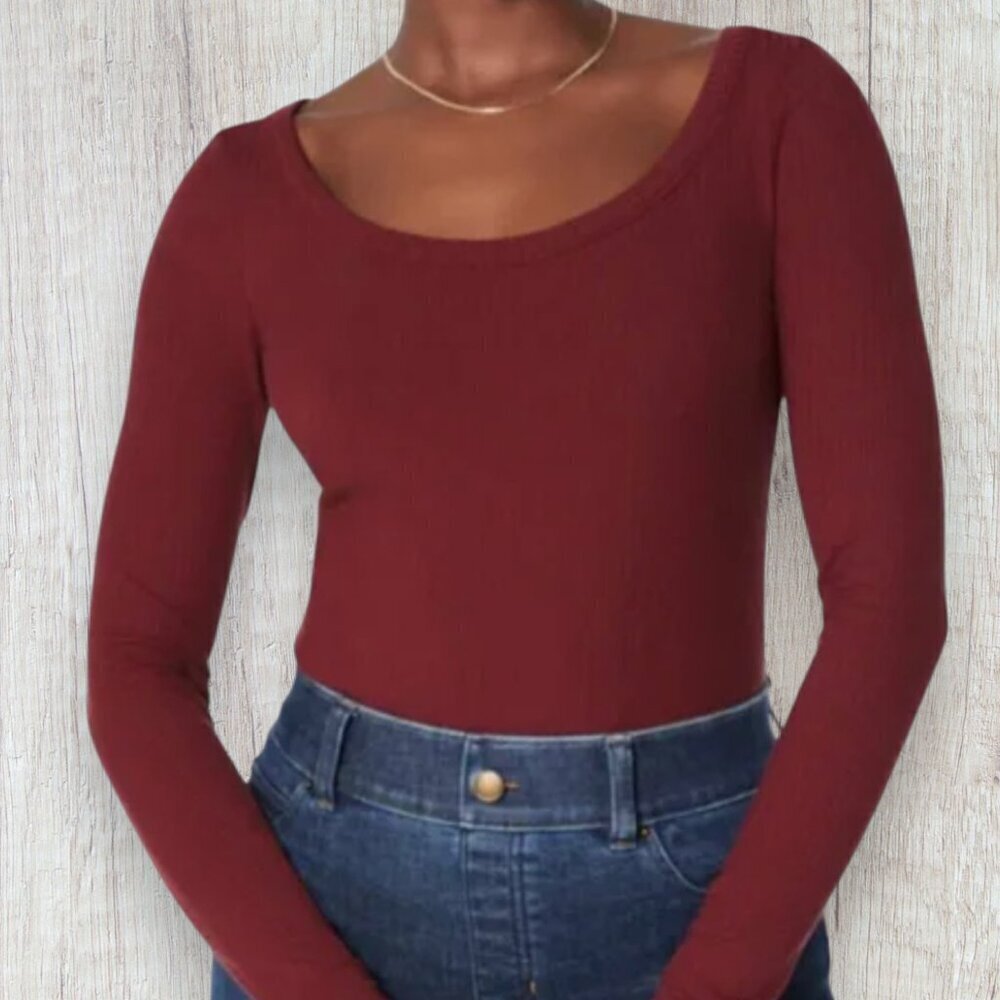 Spanx Ribbed Scoop Neck Long Sleeve Red Top Stretch Soft Fitted Layer Size L NWT